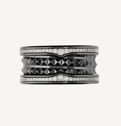 [Vera]ZERO 1 ROCK FOUR-BAND BLACK CERAMIC WITH STUDDED SPIRAL AND PAVED DIAMONDS RING