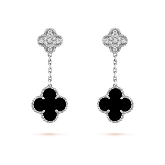 [Vera Jewelry]CLOVER 2 MOTIFS  DIAMOND ONYX EARRINGS SILVER
