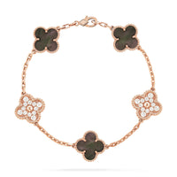 [Vera Jewelry] Armband aus Roségold mit Kleeblattmotiven und 5 dunklen Perlmutt- und Diamanten 
