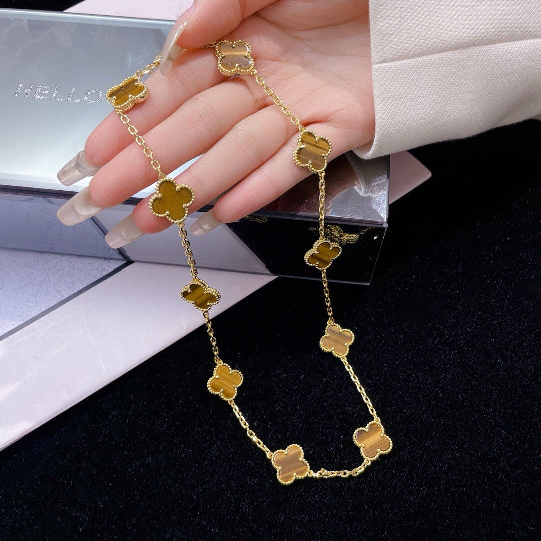 [Vera Jewelry]CLOVER 10 MOTIFS TIGER EYE NECKLACE