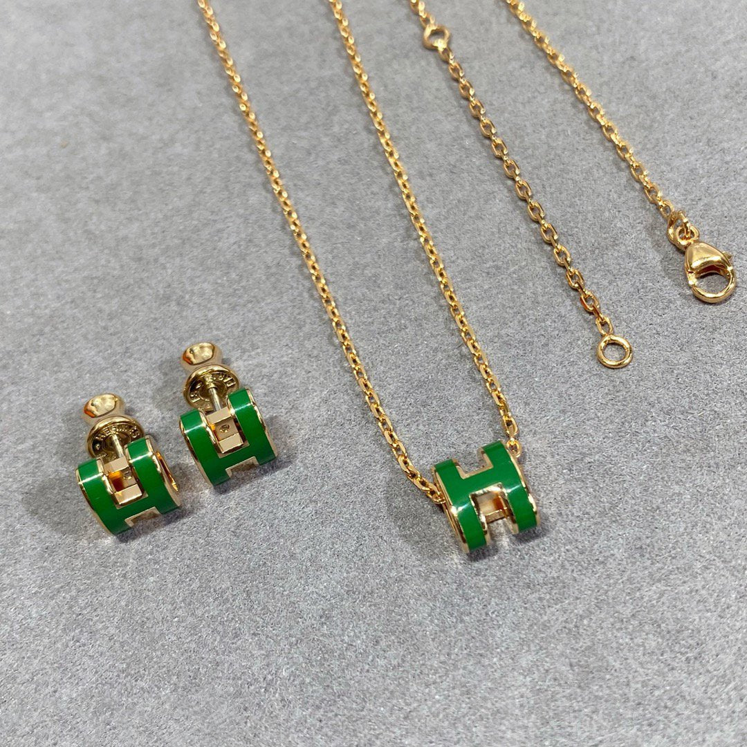 [Vera  Jewelry]POP H GREEN NECKLACE SILVER AND GOLD