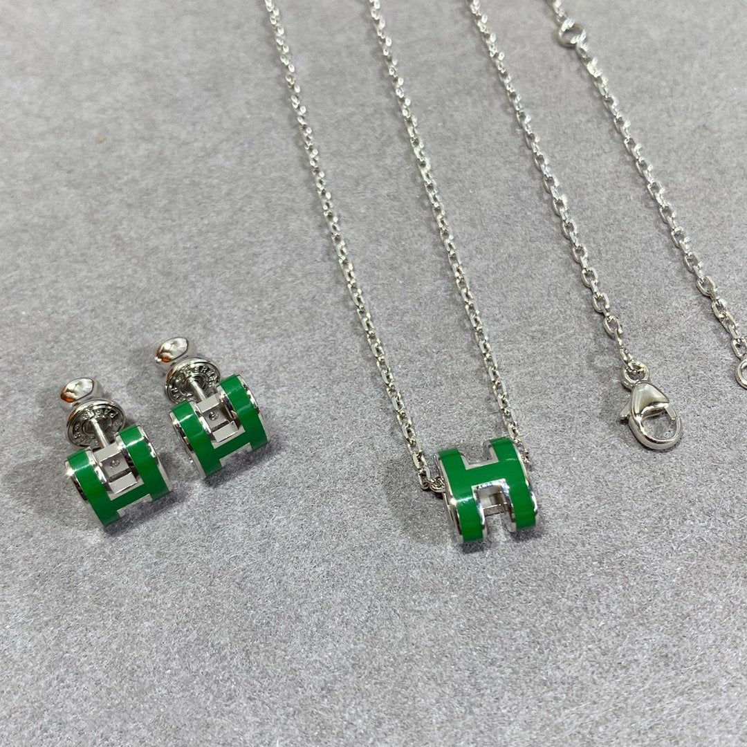 [Vera  Jewelry]POP H GREEN NECKLACE SILVER AND GOLD