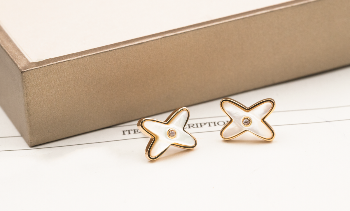 [Vera Jewelry]JEUX DE WHITE MOP ROSE GOLD DIAMOND EARRINGS