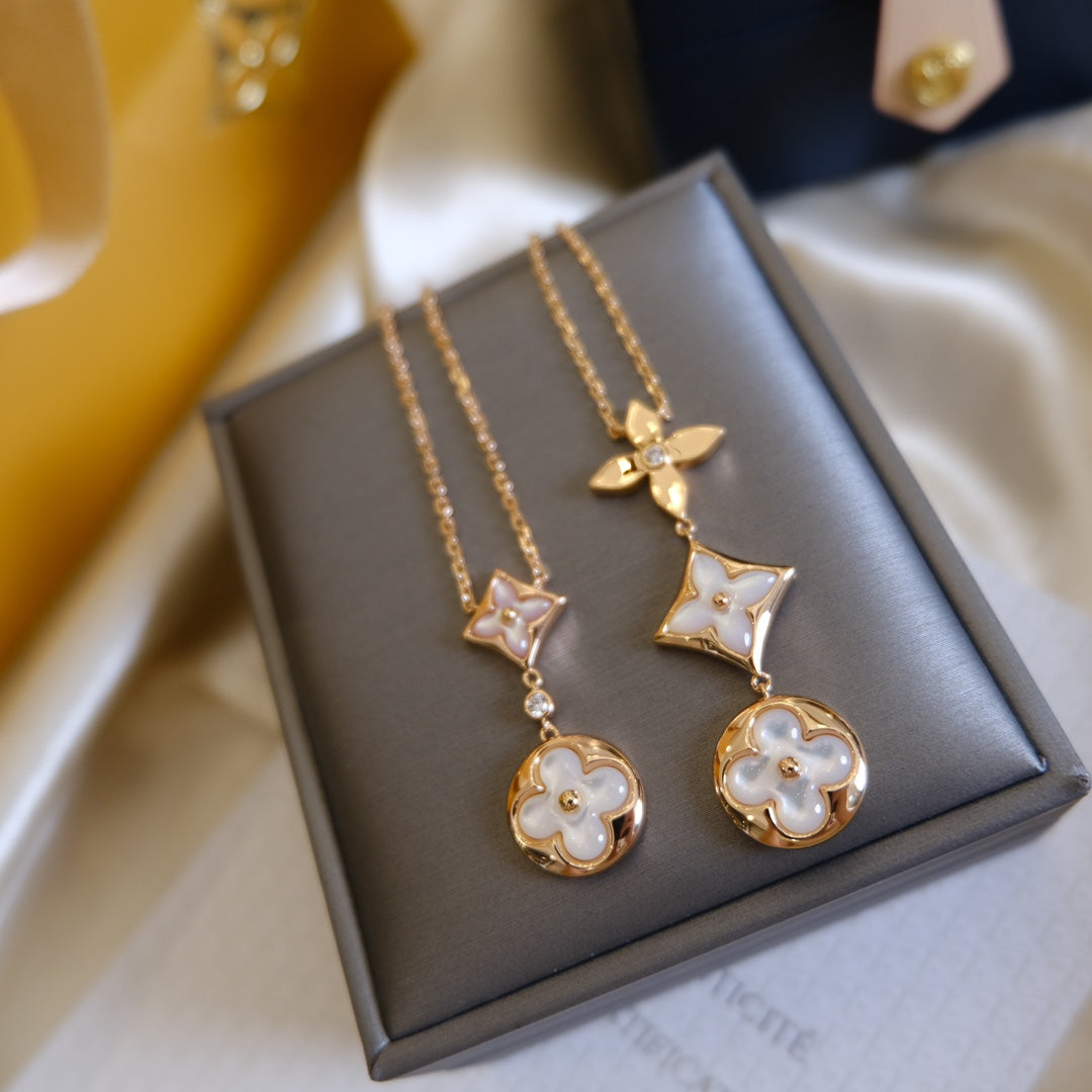 [Vera Jewelry]COLOR BLOSSOM LARIAT NECKLACE PINK GOLD WHITE MOTHER PEARL AND DIAMOND