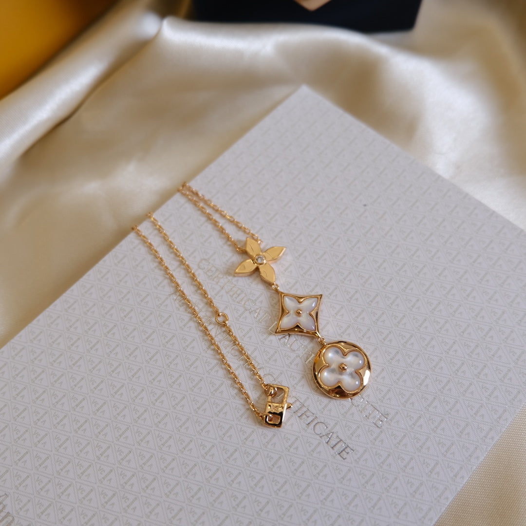 [Vera Jewelry]COLOR BLOSSOM LARIAT NECKLACE PINK GOLD WHITE MOTHER PEARL AND DIAMOND
