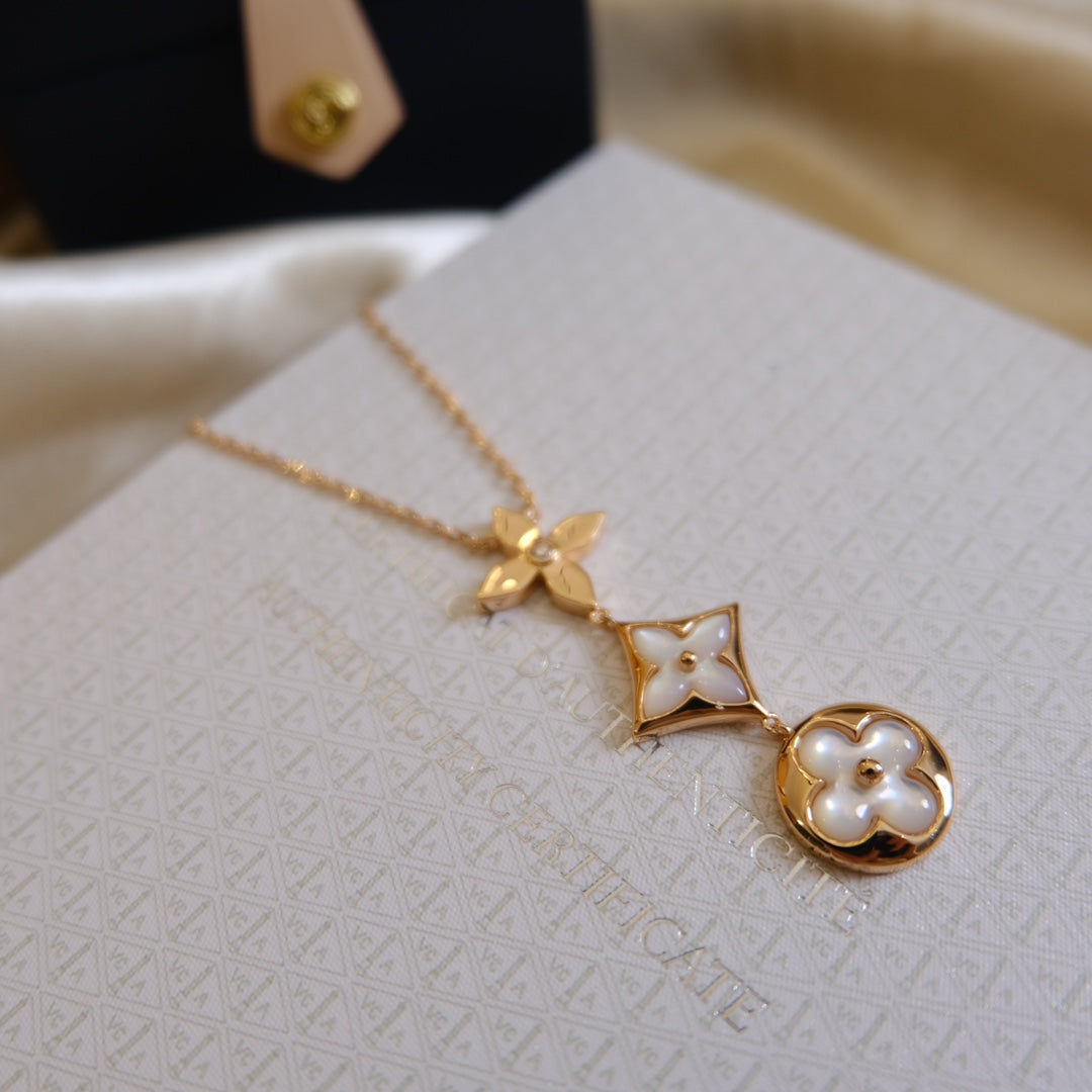 [Vera Jewelry]COLOR BLOSSOM LARIAT NECKLACE PINK GOLD WHITE MOTHER PEARL AND DIAMOND
