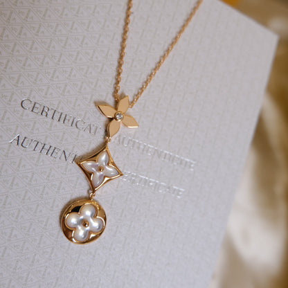 [Vera Jewelry]COLOR BLOSSOM LARIAT NECKLACE PINK GOLD WHITE MOTHER PEARL AND DIAMOND