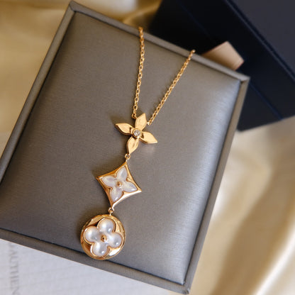 [Vera Jewelry]COLOR BLOSSOM LARIAT NECKLACE PINK GOLD WHITE MOTHER PEARL AND DIAMOND