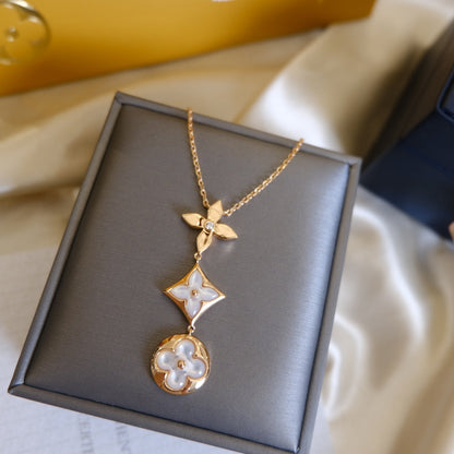 [Vera Jewelry]COLOR BLOSSOM LARIAT NECKLACE PINK GOLD WHITE MOTHER PEARL AND DIAMOND