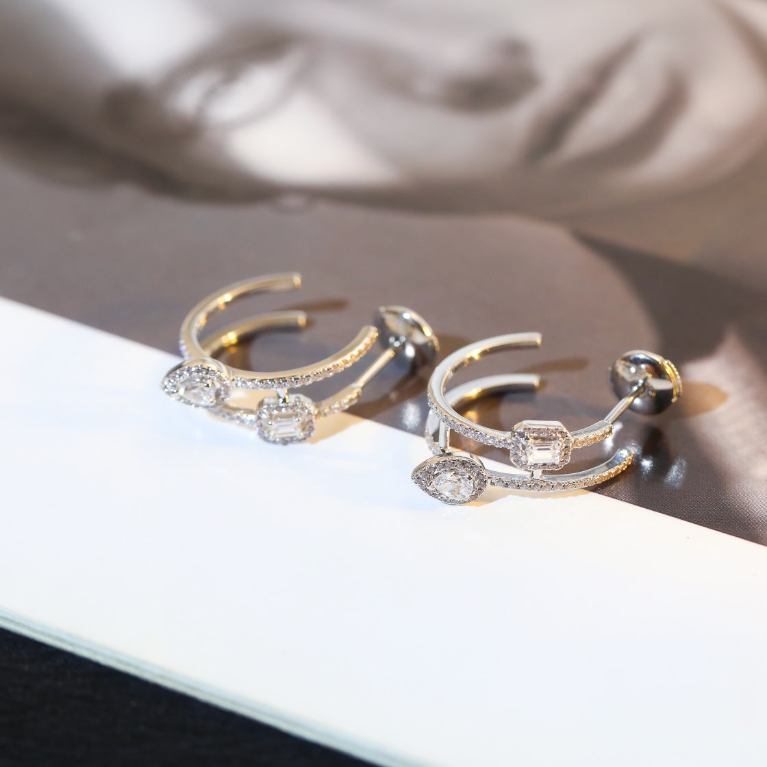 [Vera Jewelry]CREOLES MY TWIN 2 RANGS SILVER DIAMOND EARRINGS
