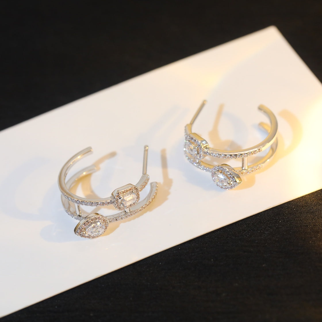[Vera Jewelry]CREOLES MY TWIN 2 RANGS SILVER DIAMOND EARRINGS