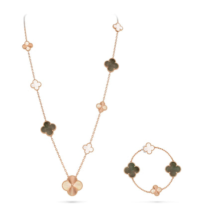 [Vera  Jewelry]DETACHABLE CLOVER 15(11+4) FLOWER ROSE GOLD NECKLACE SET