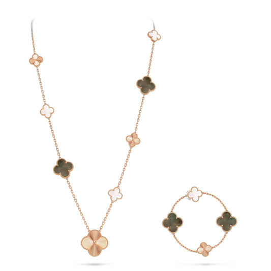 [Vera  Jewelry]DETACHABLE CLOVER 15(11+4) FLOWER ROSE GOLD NECKLACE SET