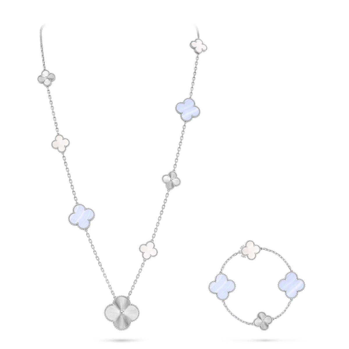 [Vera Jewelry]DETACHABLE CLOVER 15(11+4) FLOWER SILVER NECKLACE SET