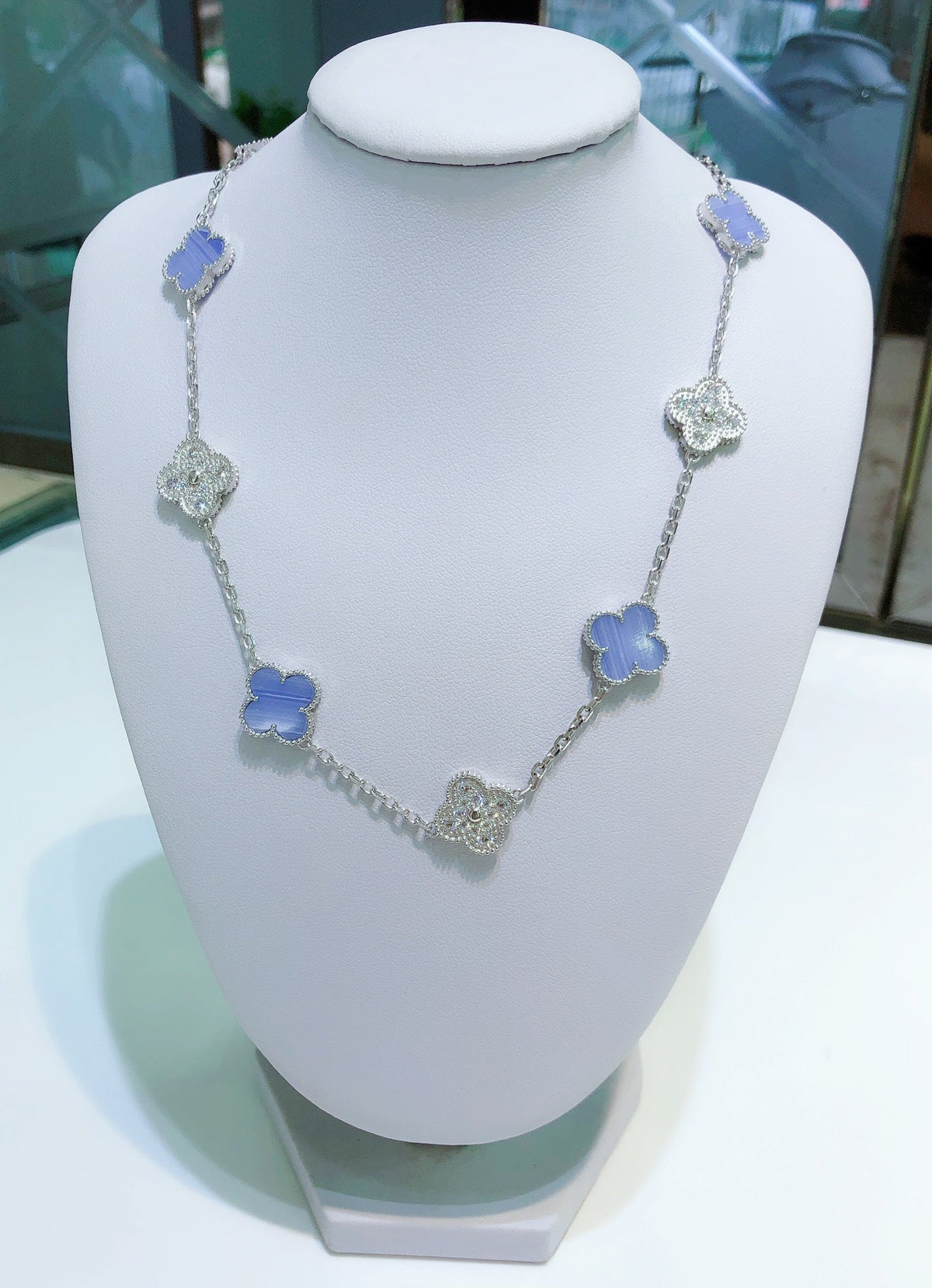 [Vera Jewelry]CLOVER 10 MOTIFS CHALCEDONY DIAMONDS SILVER NECKLACE