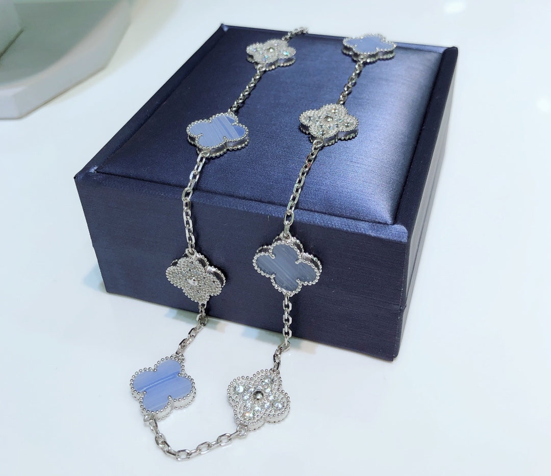 [Vera Jewelry]CLOVER 10 MOTIFS CHALCEDONY DIAMONDS SILVER NECKLACE