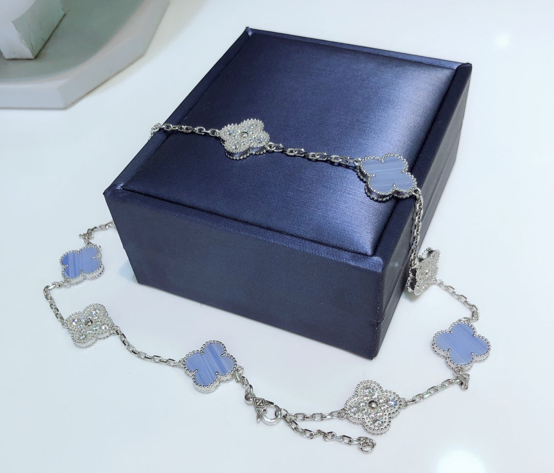 [Vera Jewelry]CLOVER 10 MOTIFS CHALCEDONY DIAMONDS SILVER NECKLACE