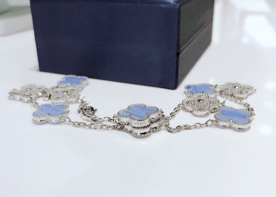 [Vera Jewelry]CLOVER 10 MOTIFS CHALCEDONY DIAMONDS SILVER NECKLACE