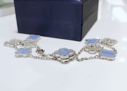 [Vera Jewelry]CLOVER 10 MOTIFS CHALCEDONY DIAMONDS SILVER NECKLACE