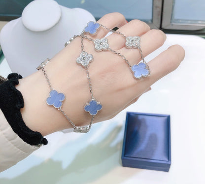 [Vera Jewelry]CLOVER 10 MOTIFS CHALCEDONY DIAMONDS SILVER NECKLACE